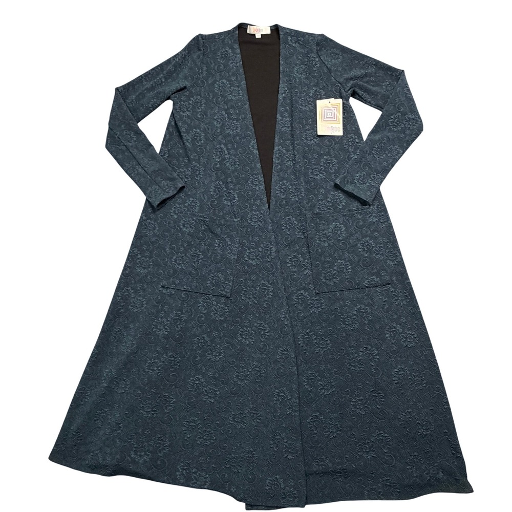 LuLaRoe Sarah Cardigan XS Teal Blue Floral Jacquard Open Front Duster NWT